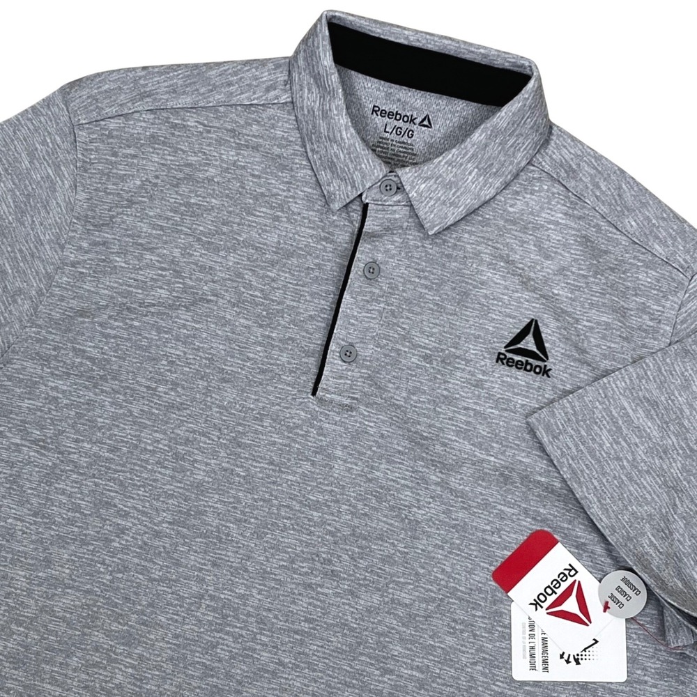 New Reebok Mens Performance Polo Shirt L Gray Sleet Heather Logo Golf Activewear